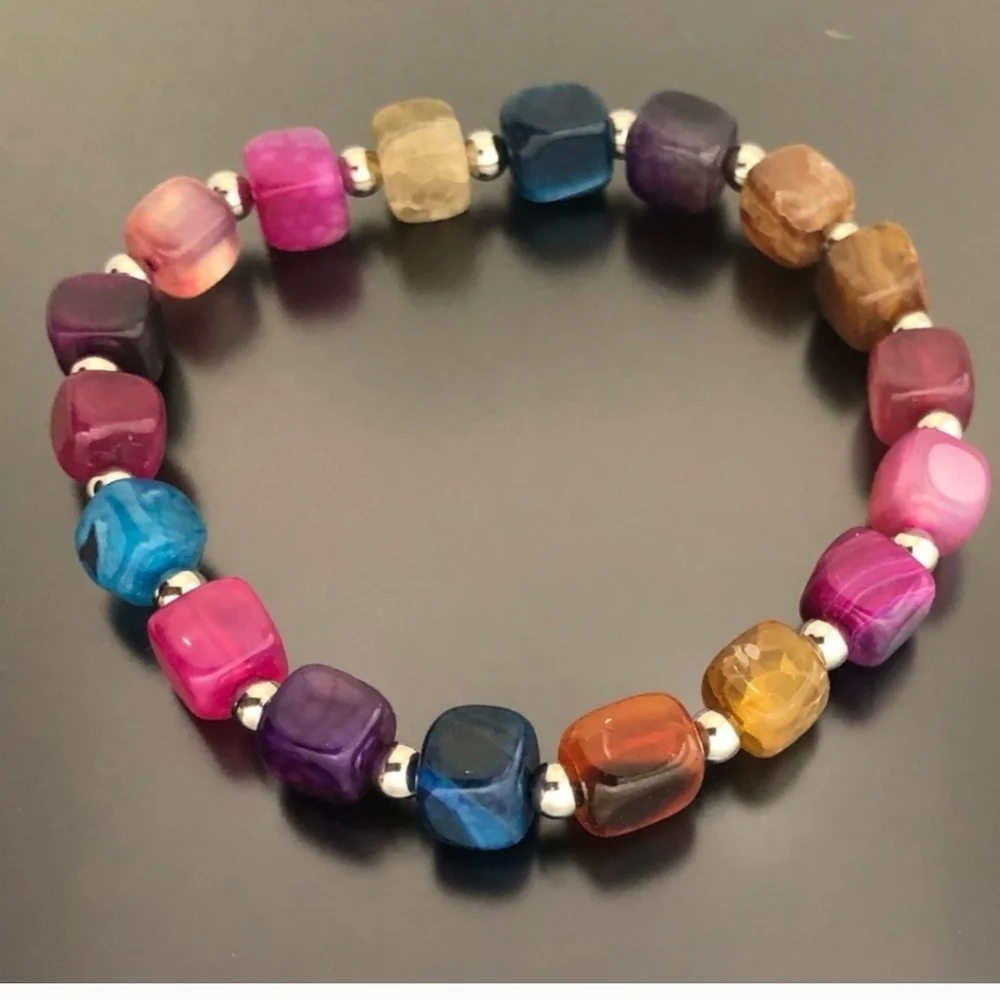 Multi Color Agate Bracelet, Cube Beads, Stretchable Bracelet